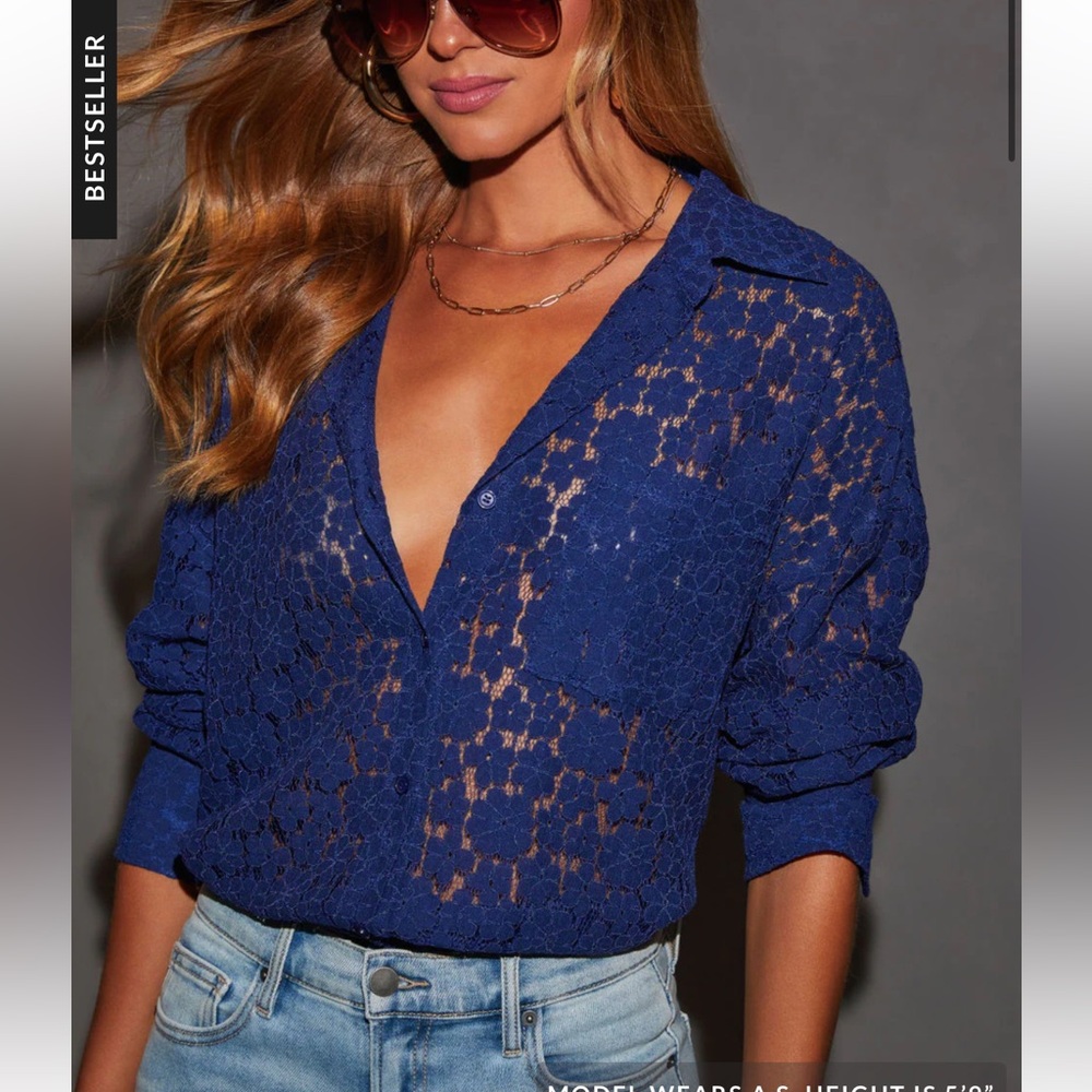 Vici Gwen Blue Lace Button Down Top